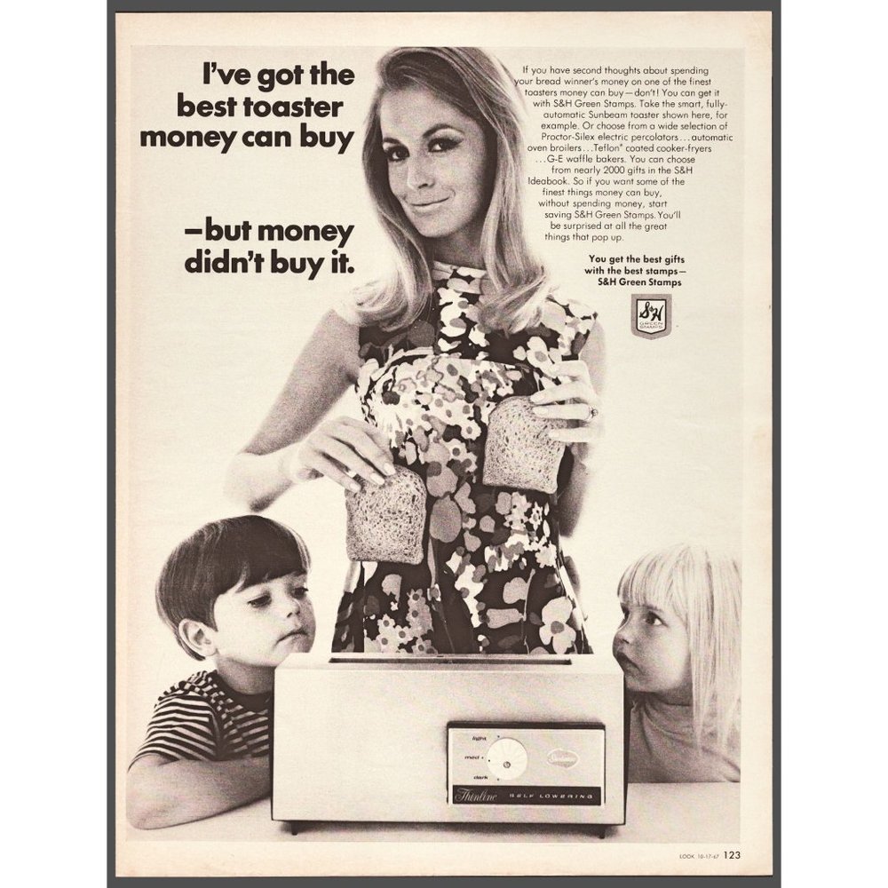 1967 Sunbeam Toaster Green Stamps Vintage Print Ad Mom Kids Breakfast Wall Art